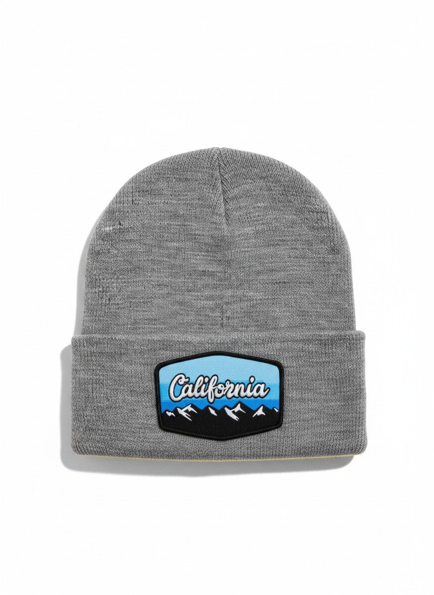 Moove Headwear grey acrylic rib-knit beanie with embroidered California mountain patch