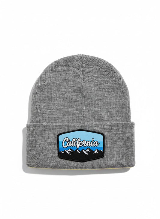 Moove Headwear grey acrylic rib-knit beanie with embroidered California mountain patch