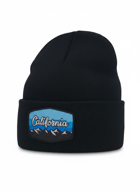 Moove Headwear black acrylic rib-knit beanie with a California mountain landscape patch.