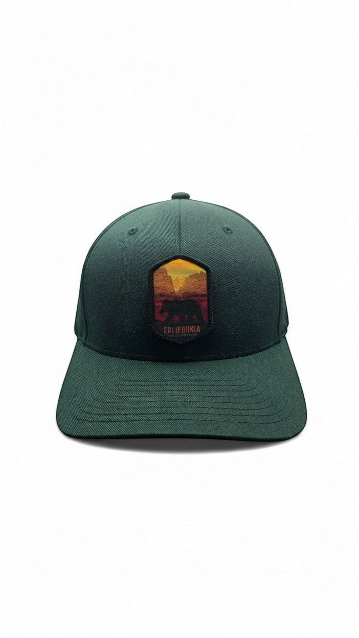Moove Headwear dark green unisex baseball cap with a California bear graphic patch and a flat brim.