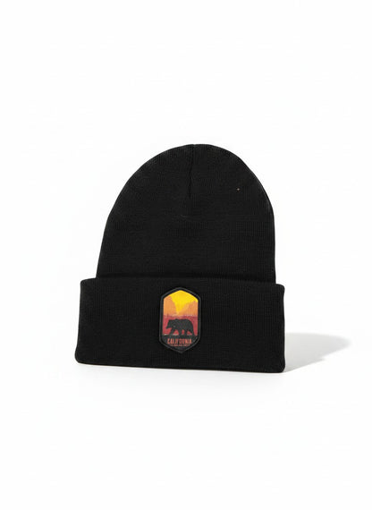 Moove Headwear black knit beanie with embroidered California bear and mountain patch. Cozy winter hat.