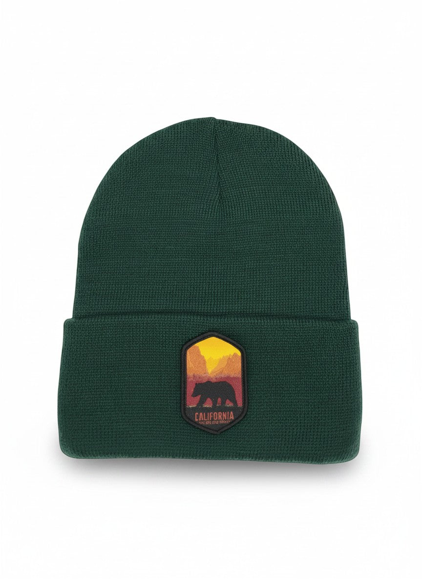 Moove Headwear dark green knit beanie with embroidered California bear and mountain patch.