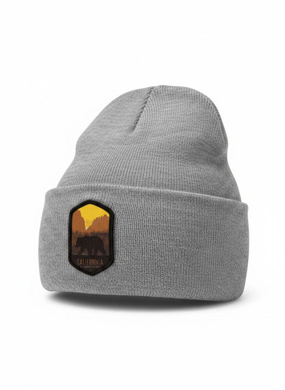 Moove Headwear grey knit beanie with embroidered California bear and mountain patch. Cozy winter hat.