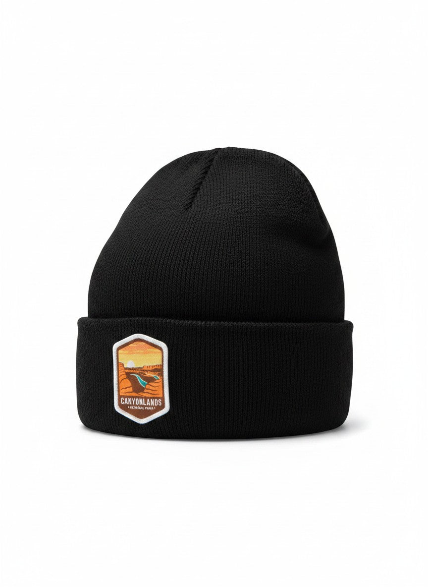 Moove Headwear black acrylic knit beanie with embroidered Canyonlands National Park patch on front. One size fits all.