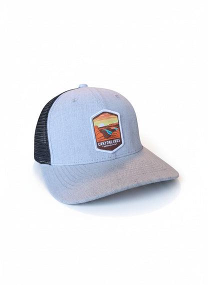 Moove Headwear light blue trucker hat with black mesh back and Canyonlands National Park emblem