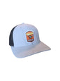 Moove Headwear light blue trucker hat with black mesh back and Canyonlands National Park patch.