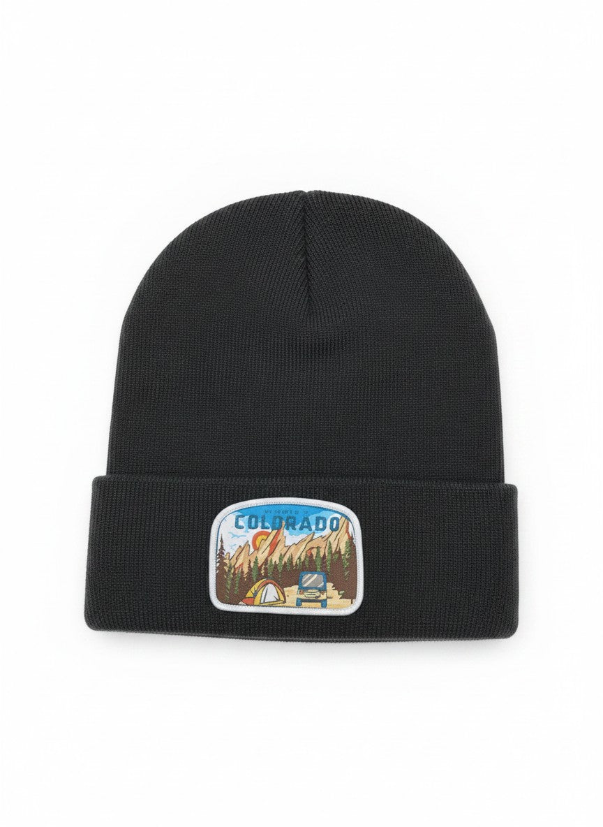 Moove Headwear dark grey knit beanie with a Colorado mountain adventure patch featuring a tent and jeep.