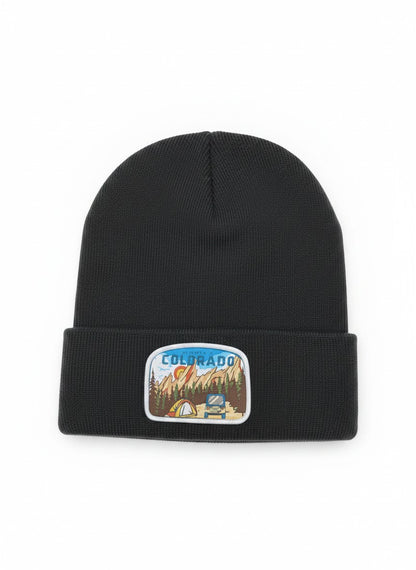 Moove Headwear dark grey knit beanie with a Colorado mountain adventure patch featuring a tent and jeep.