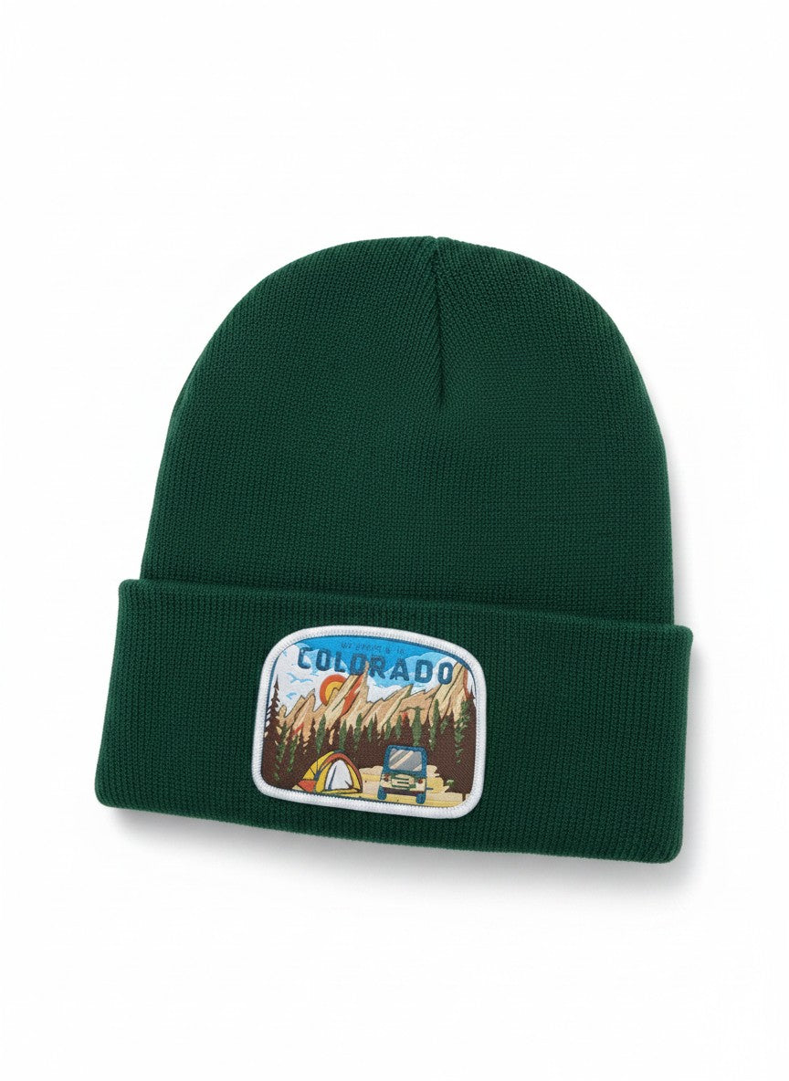 Moove Headwear dark green knit beanie with Colorado mountain adventure patch. Ideal for outdoor activities.