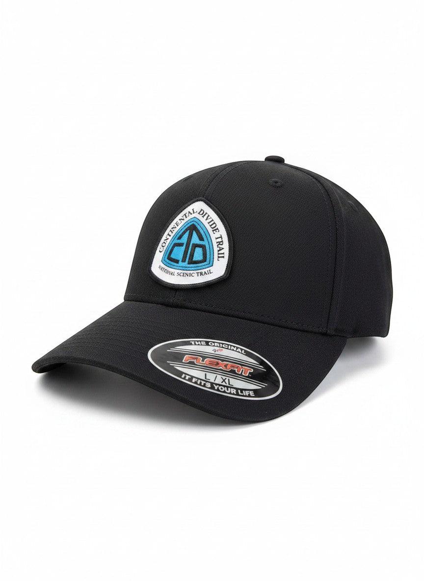 Moove Headwear black trucker hat with Continental Divide Trail patch and Flexfit adjustable strap.