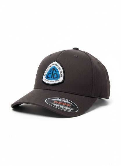 Moove Headwear dark grey trucker hat with Continental Divide Trail patch and Flexfit adjustable strap.