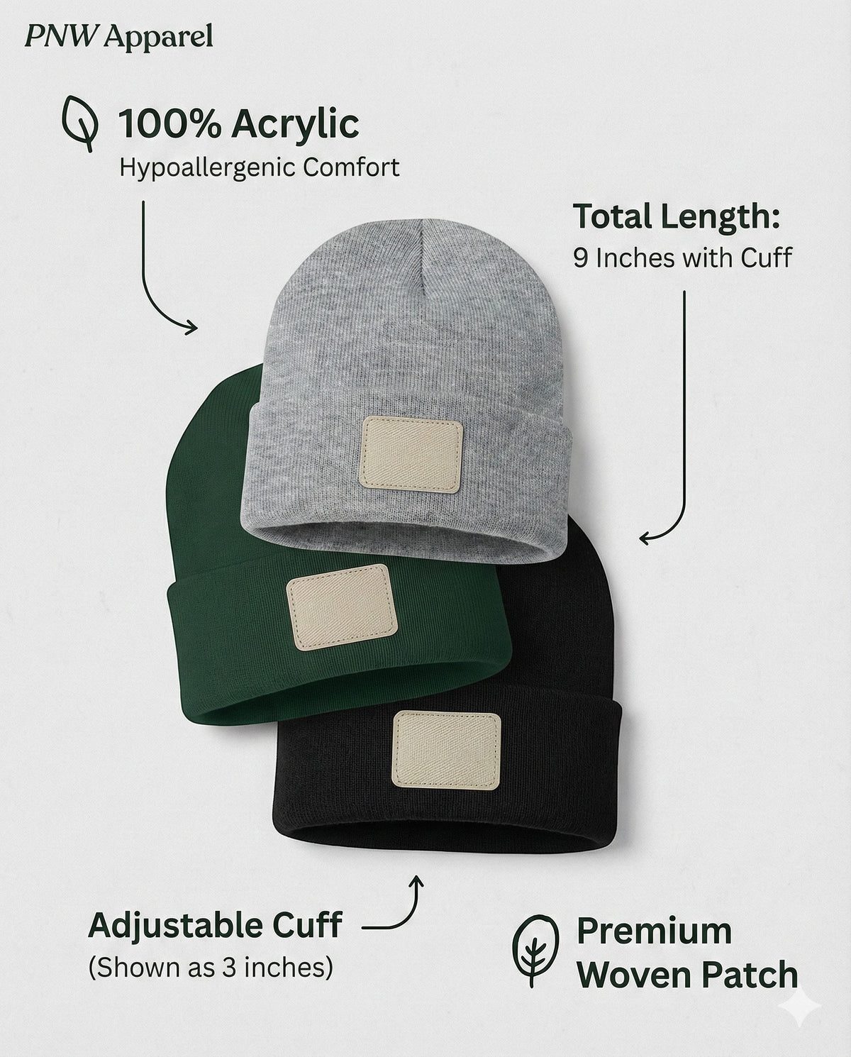 Moove Headwear cuffed knit beanies in grey, green, and black with premium woven patches for winter hiking