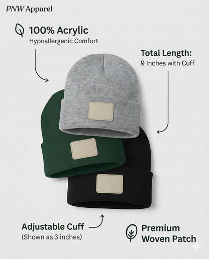 Moove Headwear cuffed knit beanies in grey, green, and black with premium woven patches for winter hiking