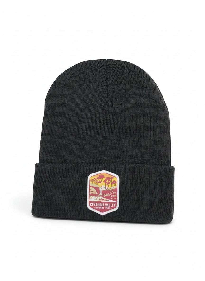 Moove Headwear dark grey knit beanie with Cuyahoga Valley National Park patch. Warm winter hat.