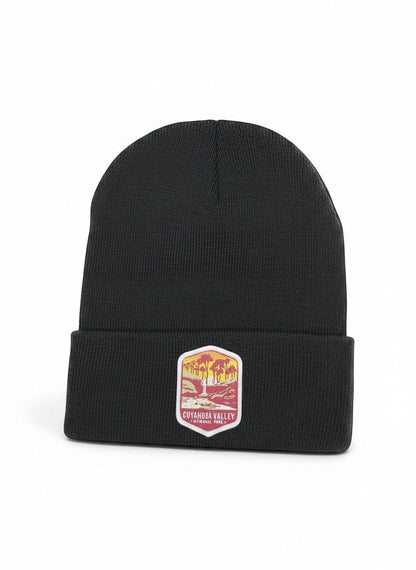 Moove Headwear dark grey knit beanie with Cuyahoga Valley National Park patch. Warm winter hat.