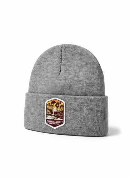 Moove Headwear grey knit beanie with Cuyahoga Valley National Park patch, perfect for winter hiking.