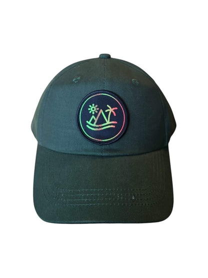 Moove Headwear dark green low profile unisex cap with adjustable brass buckle and hook and loop closure, featuring a circular patch with a mountain and palm tree graphic.