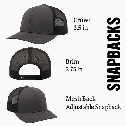 Moove Headwear dark grey trucker hat with breathable mesh back and adjustable snapback closure. Perfect for hiking.