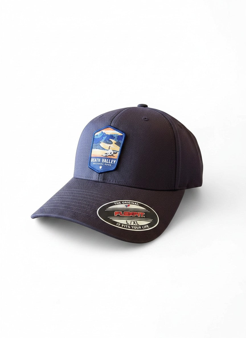 Moove Headwear navy blue fitted baseball cap with Death Valley National Park woven patch, acrylic, cotton, and spandex blend.