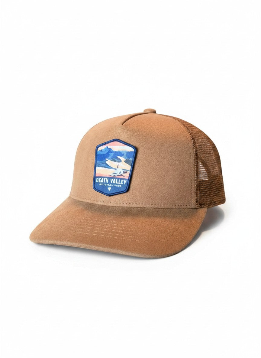 Moove Headwear Death Valley National Park suede trucker hat with mesh back and adjustable snapback closure.