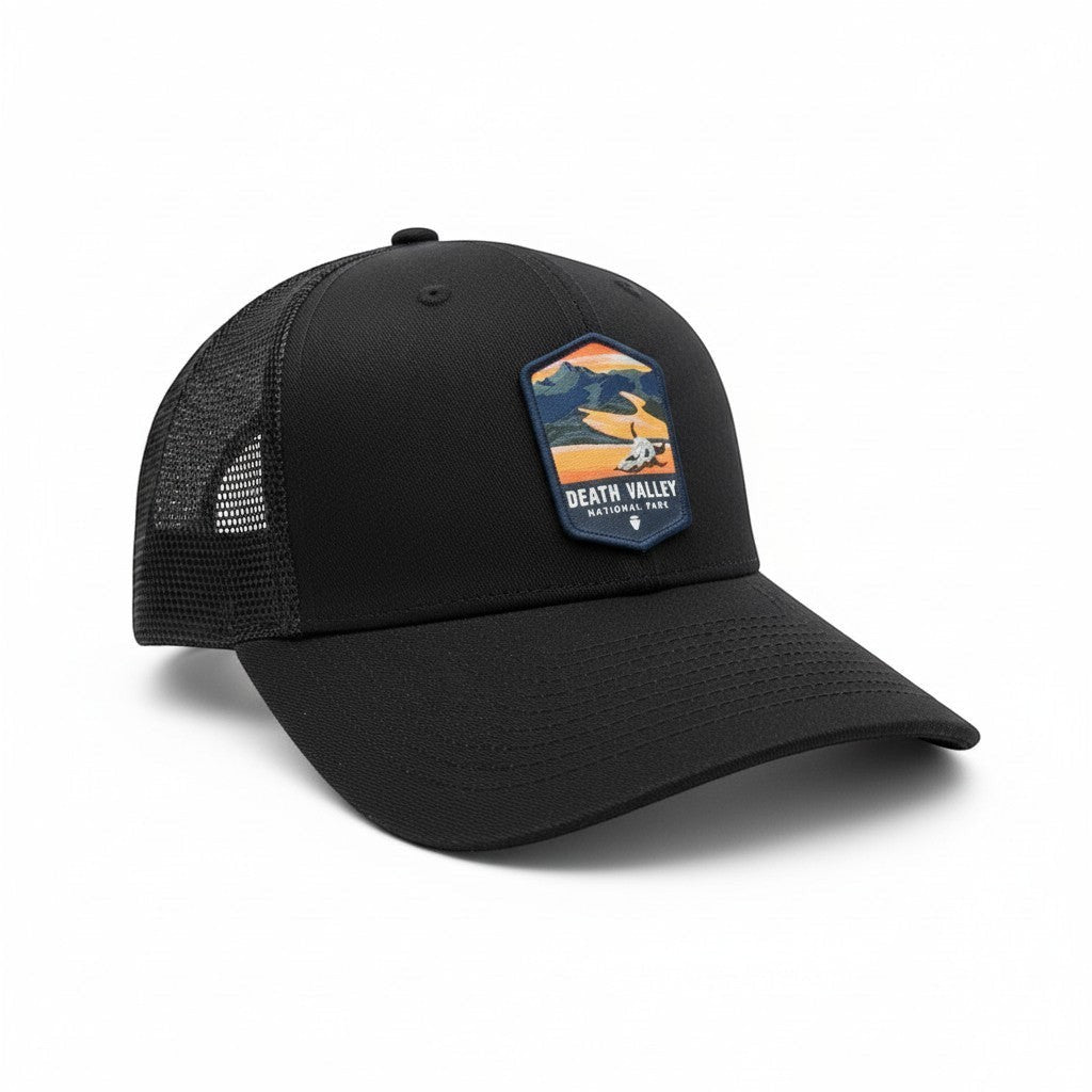 Moove Headwear black trucker hat with Death Valley National Park patch, breathable mesh back, and adjustable snapback.
