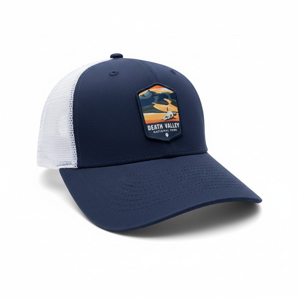 Moove Headwear navy blue trucker hat with white mesh back and Death Valley National Park patch.