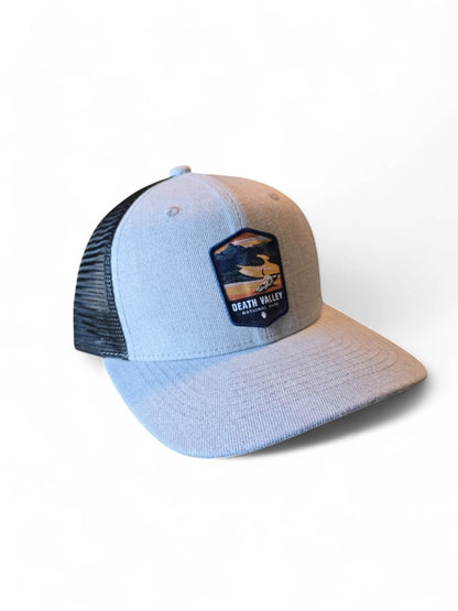 Moove Headwear light grey trucker hat with black mesh back and Death Valley National Park patch