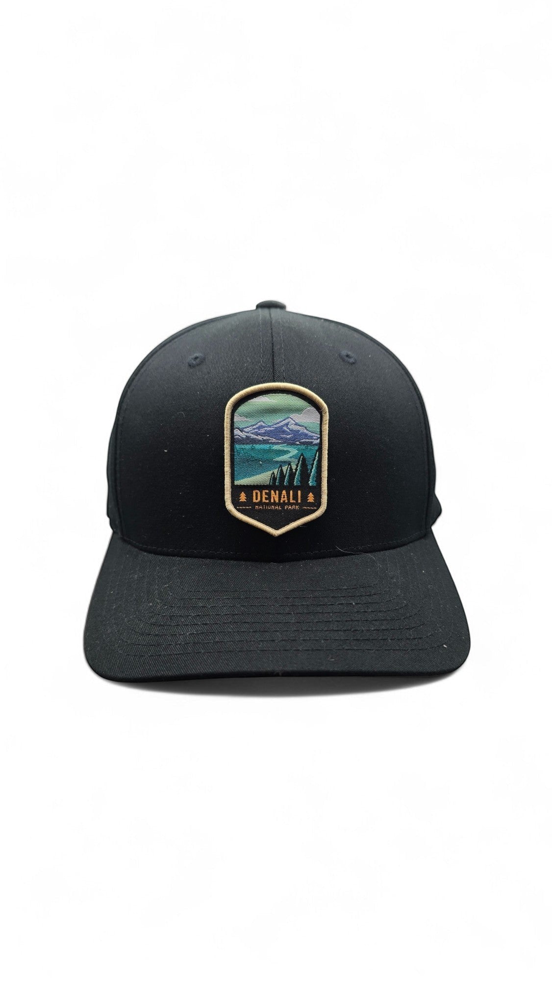 Moove Headwear black fitted baseball cap with Denali National Park embroidered patch featuring mountains, trees, and aurora borealis.