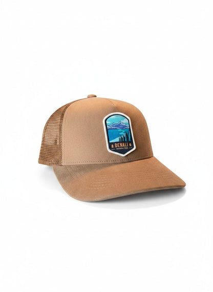 Moove Headwear Denali National Park trucker hat in tan suede with mesh back and embroidered patch.