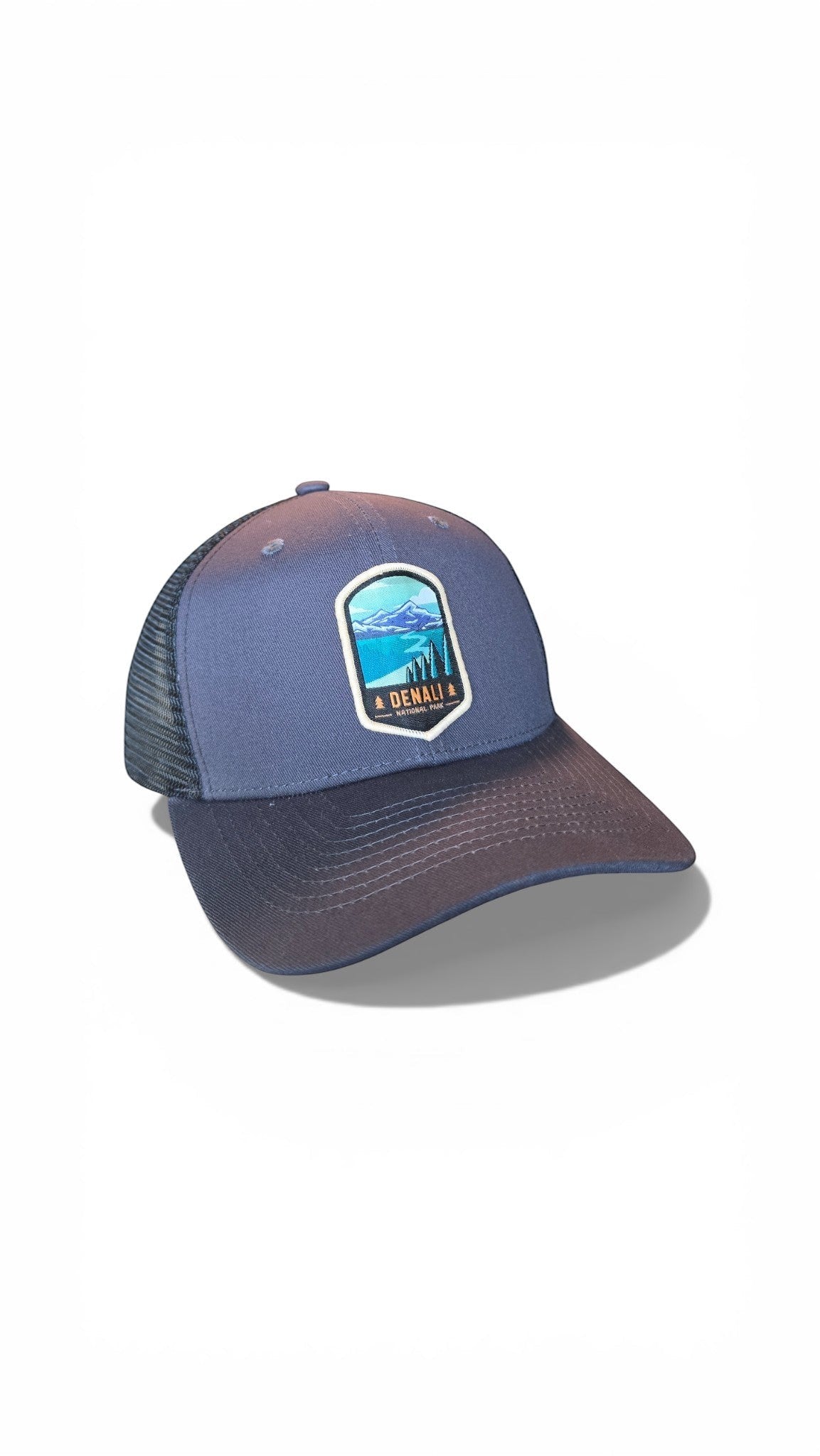 Moove Headwear Denali Snapback Hat, blue cotton blend with mesh back, adjustable strap, and mountain graphic patch.