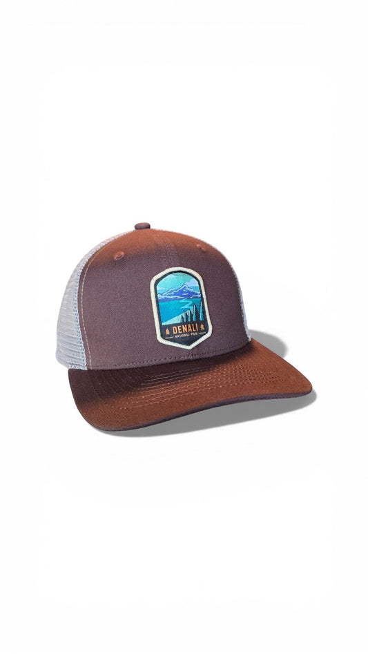 Moove Headwear Denali Snapback Hat in brown with a grey mesh back and a scenic patch. Adjustable fit.