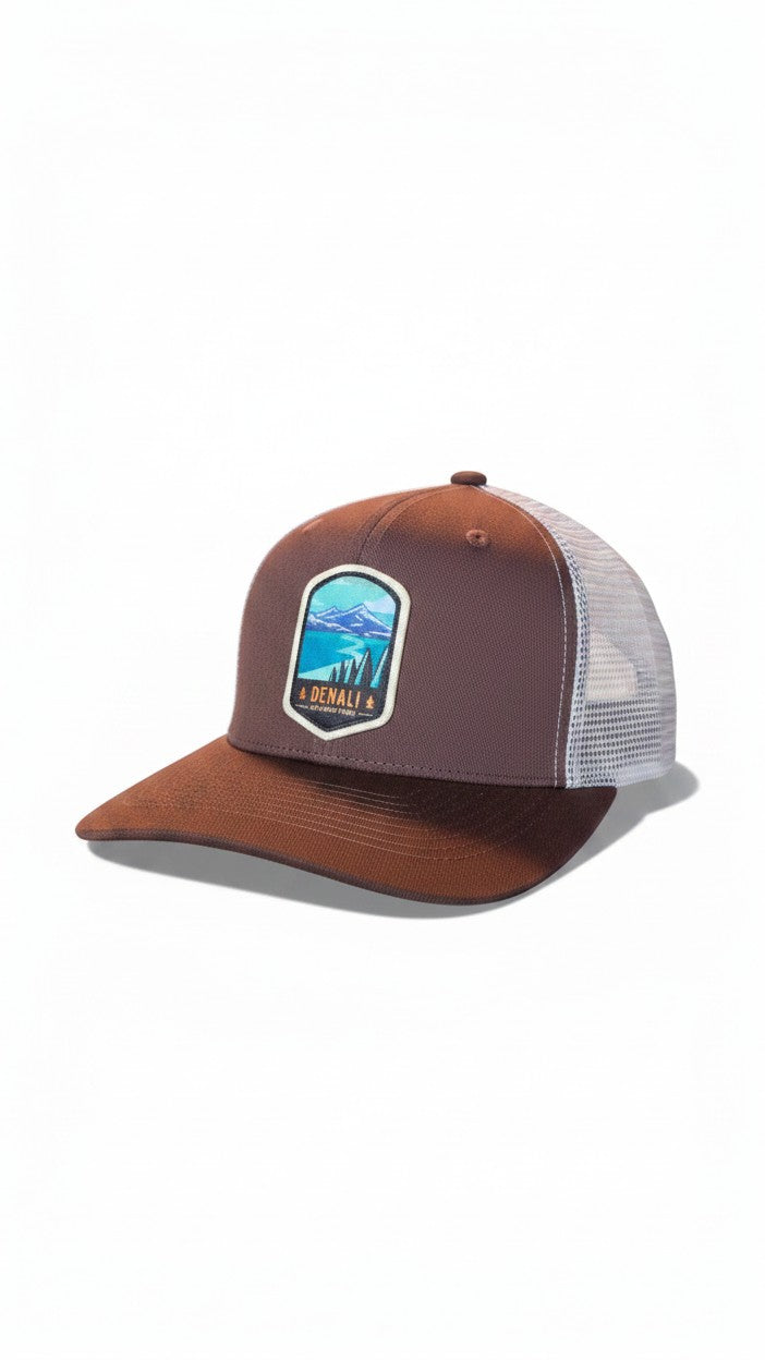 Moove Headwear Denali Snapback Hat, brown cotton front with embroidered patch, white mesh back, adjustable fit.