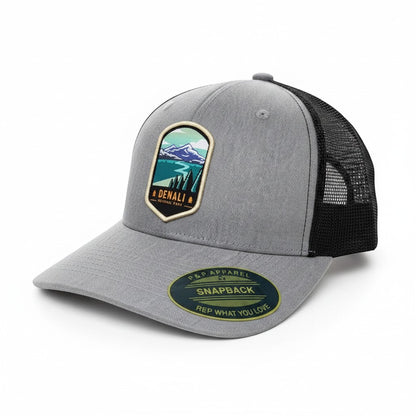 Moove Headwear grey cotton blend snapback hat with black mesh back and Denali National Park patch.