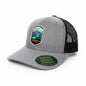 Moove Headwear grey cotton blend snapback hat with black mesh back and Denali National Park patch.