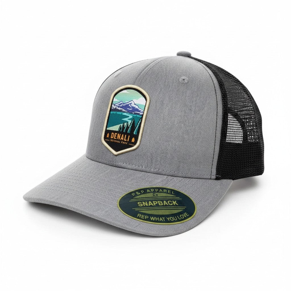 Moove Headwear grey cotton blend snapback hat with Denali National Park patch and black mesh back