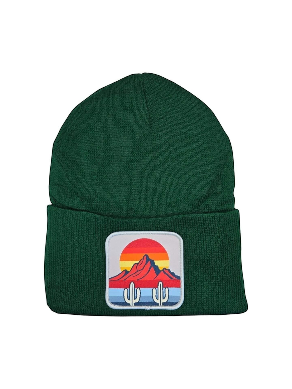 Moove Headwear dark green knit beanie with a desert sunset cactus patch.