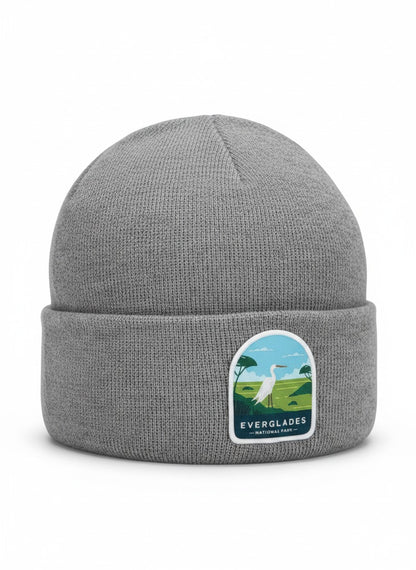 Moove Headwear grey knit beanie with a Florida wildlife patch featuring an egret in the Everglades.