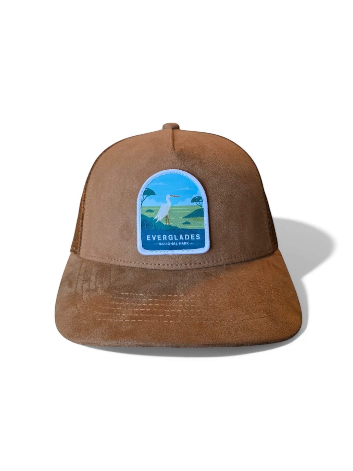 Moove Headwear brown suede baseball cap with Everglades National Park embroidered patch and mesh back panels.