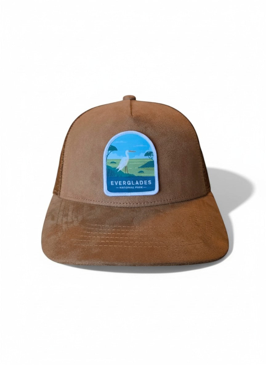 Moove Headwear brown suede baseball cap with mesh back and Everglades National Park embroidered patch.