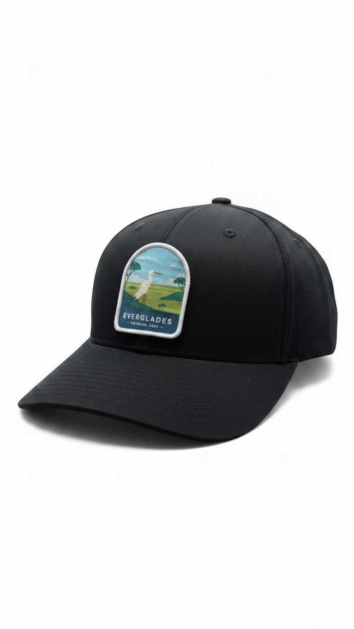Moove Headwear black fitted baseball cap with embroidered Everglades National Park patch featuring a white egret.