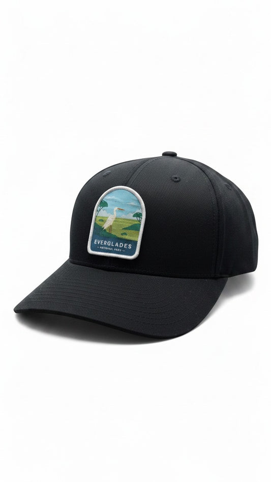 Moove Headwear black fitted baseball cap with embroidered Everglades National Park patch featuring a white egret.