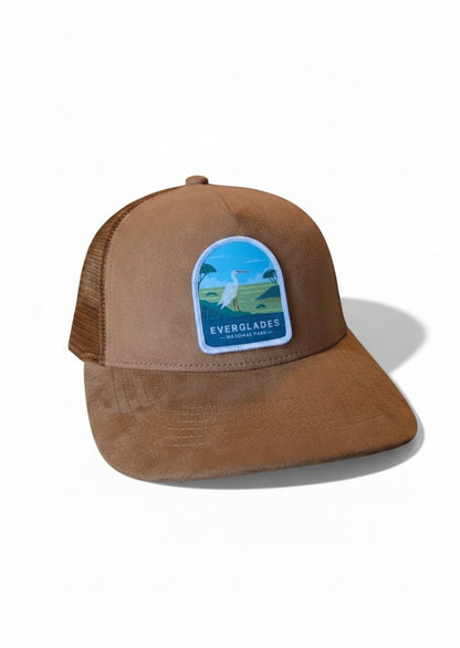 Moove Headwear brown suede baseball cap with Everglades National Park embroidered patch featuring a white egret.
