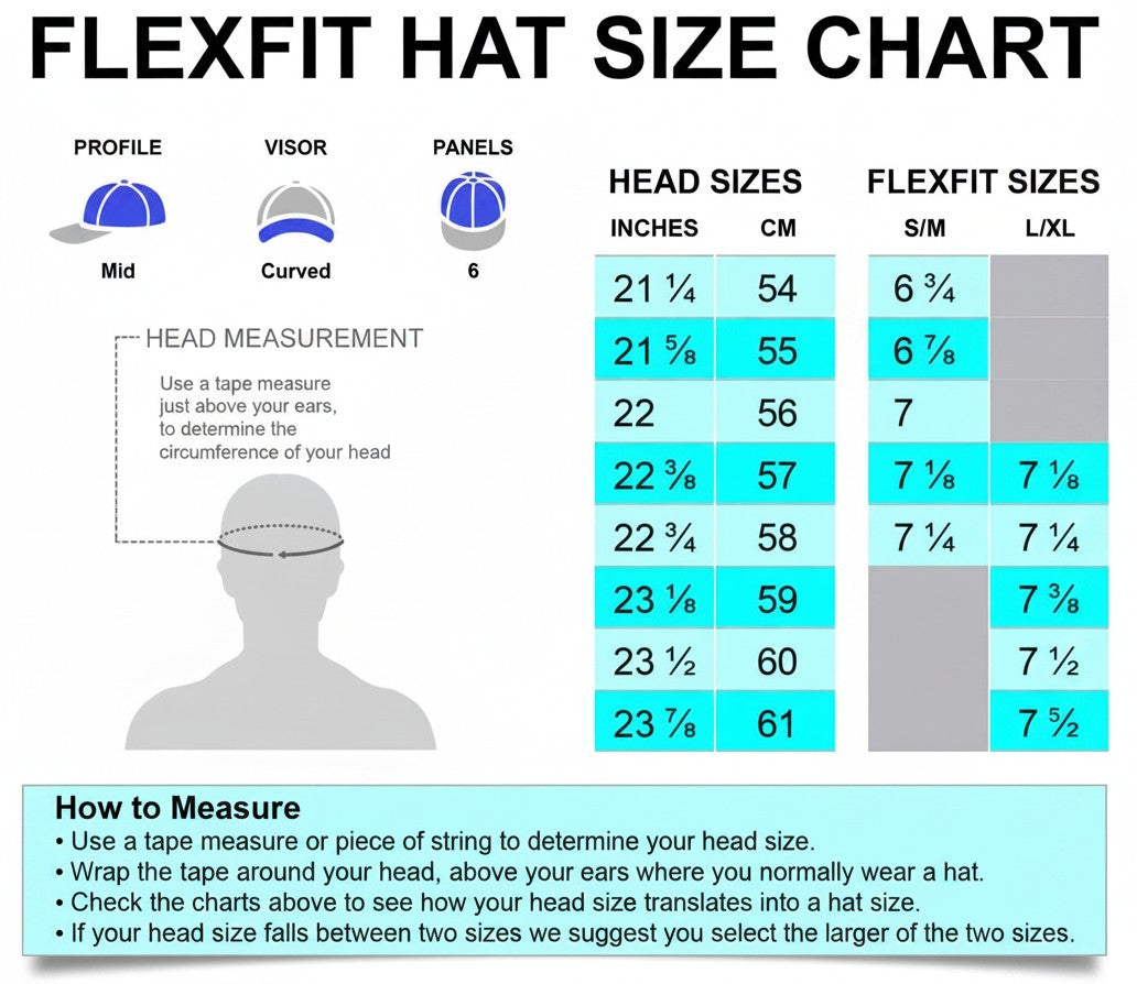Moove Headwear Flexfit hat size chart showing head measurements in inches and cm, and corresponding Flexfit sizes S/M and L/XL.