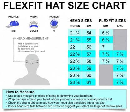 Moove Headwear Flexfit hat size chart showing head measurements in inches and cm, and corresponding Flexfit sizes S/M and L/XL.