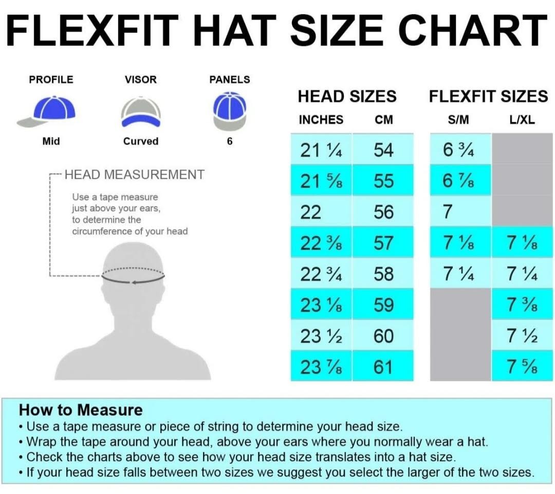 Moove Headwear Flexfit hat size chart showing head measurements in inches and cm, and corresponding Flexfit sizes S/M and L/XL.