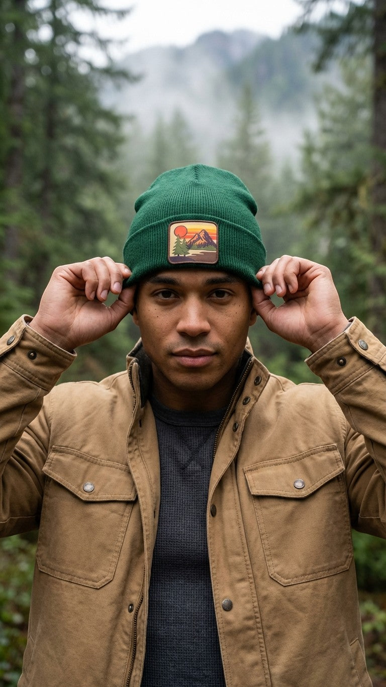 Moove Headwear forest green knit beanie with vintage mountain sunset patch. Unisex fit.