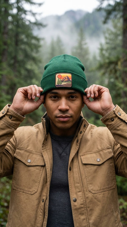 Moove Headwear forest green knit beanie with vintage mountain sunset patch. Unisex fit.