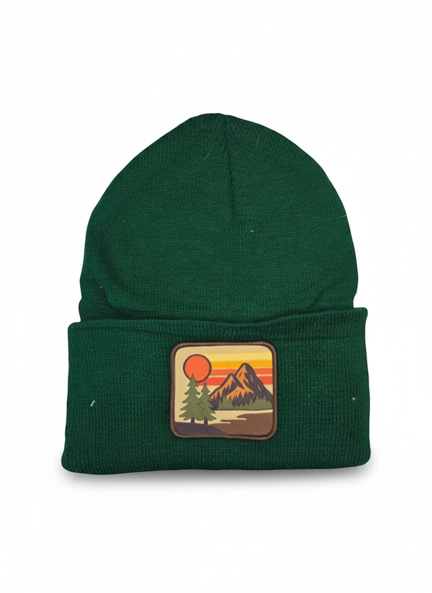 Moove Headwear forest green knit beanie with vintage mountain sunset patch. Unisex winter ski cap.