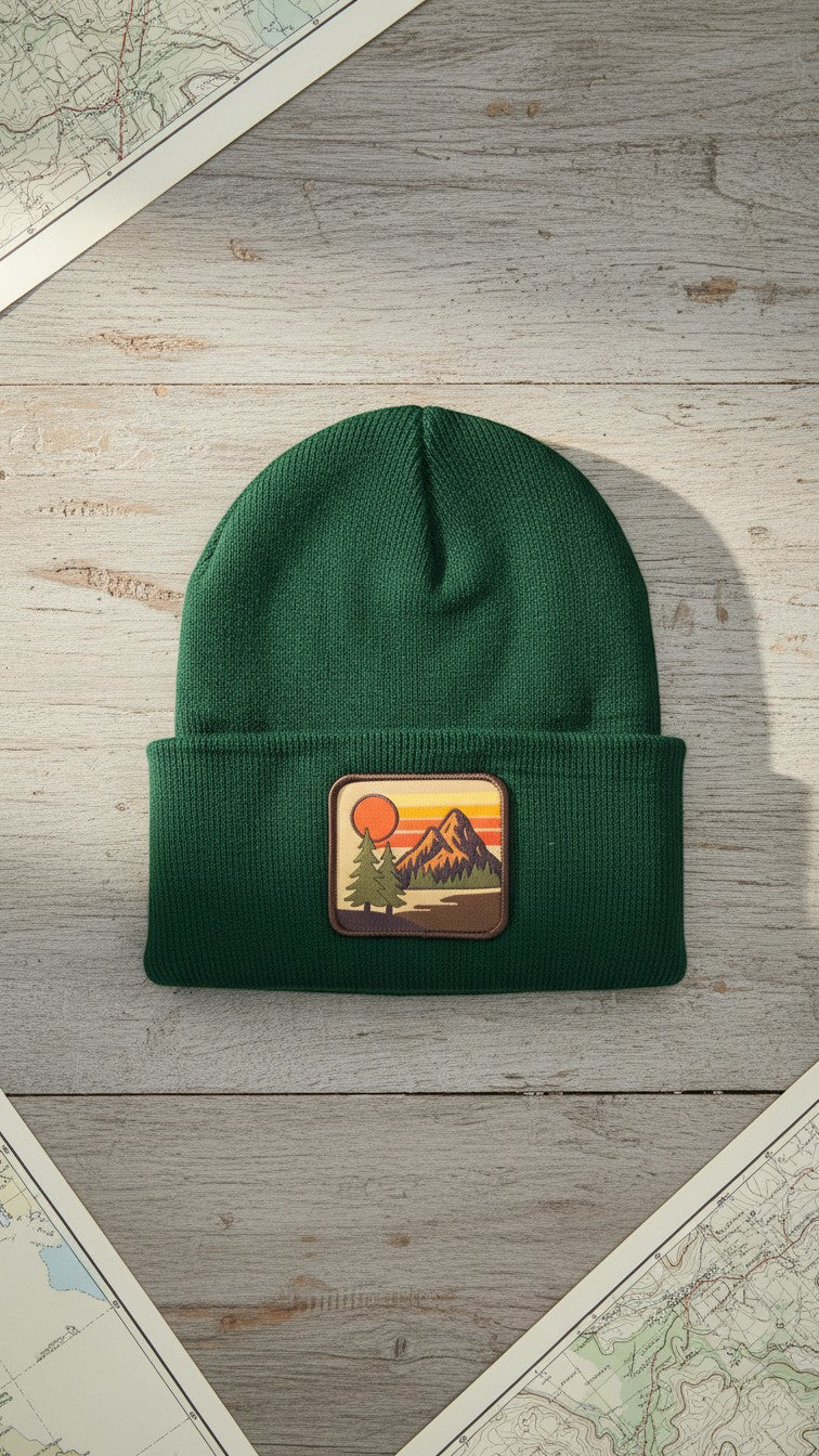 Moove Headwear forest green knit beanie with vintage mountain sunset patch. Unisex fit, one size fits most.