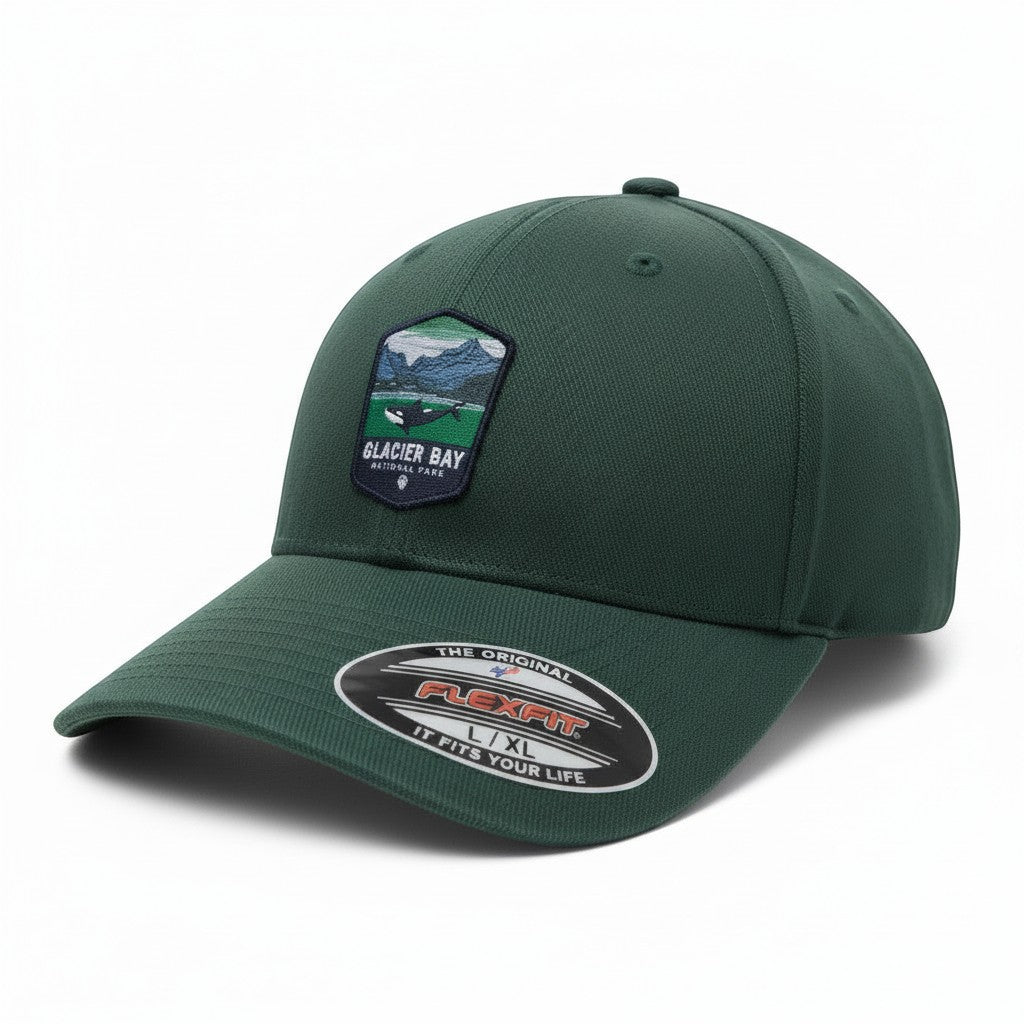 Moove Headwear dark green acrylic-cotton blend fitted hat with Glacier Bay National Park embroidered patch.